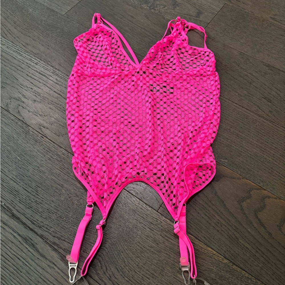 Hot Pink Fishnet Bodysuit with Garters
